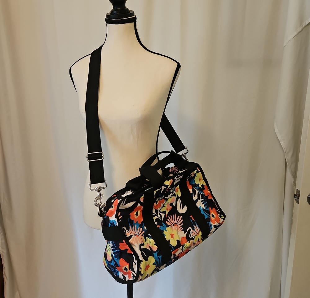 Le Sport Sac Black Floral Canvas Travel Duffel Bag - Women's Weekender